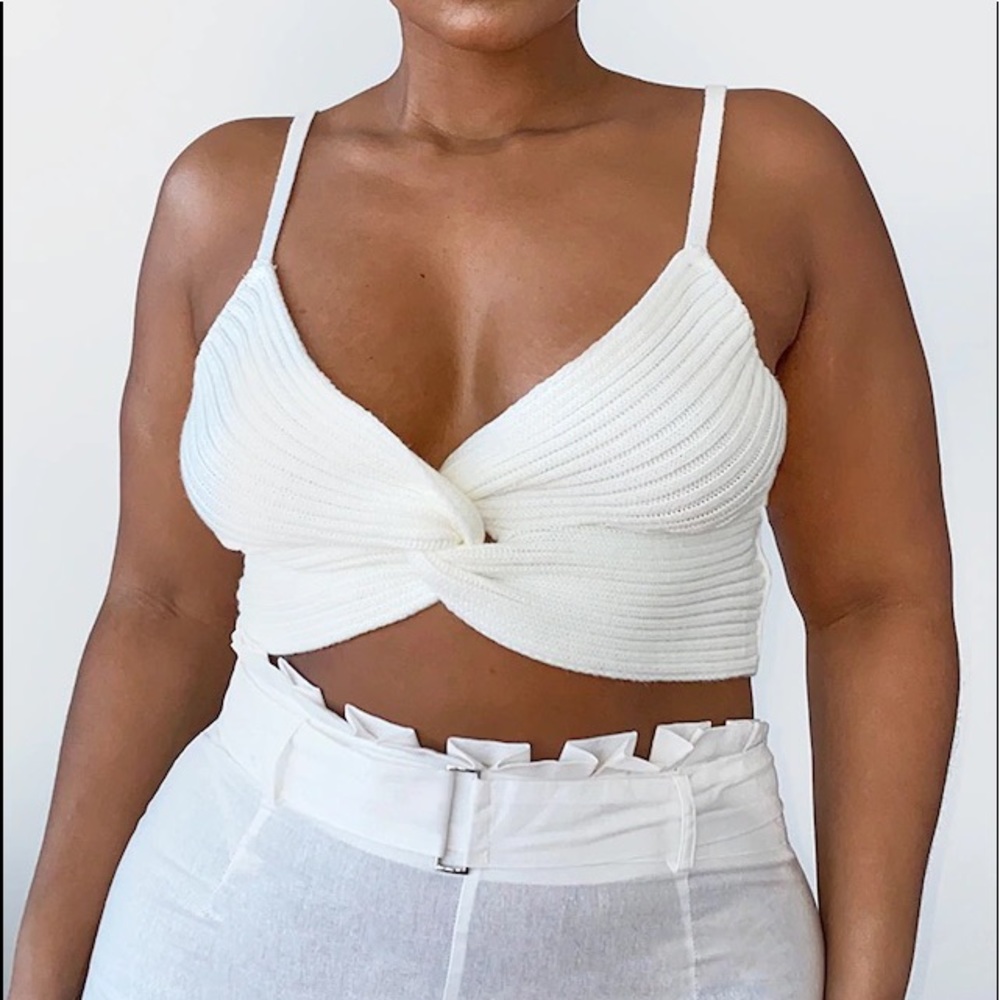 Crave FAME Cream Knit Twist Front Crop Top